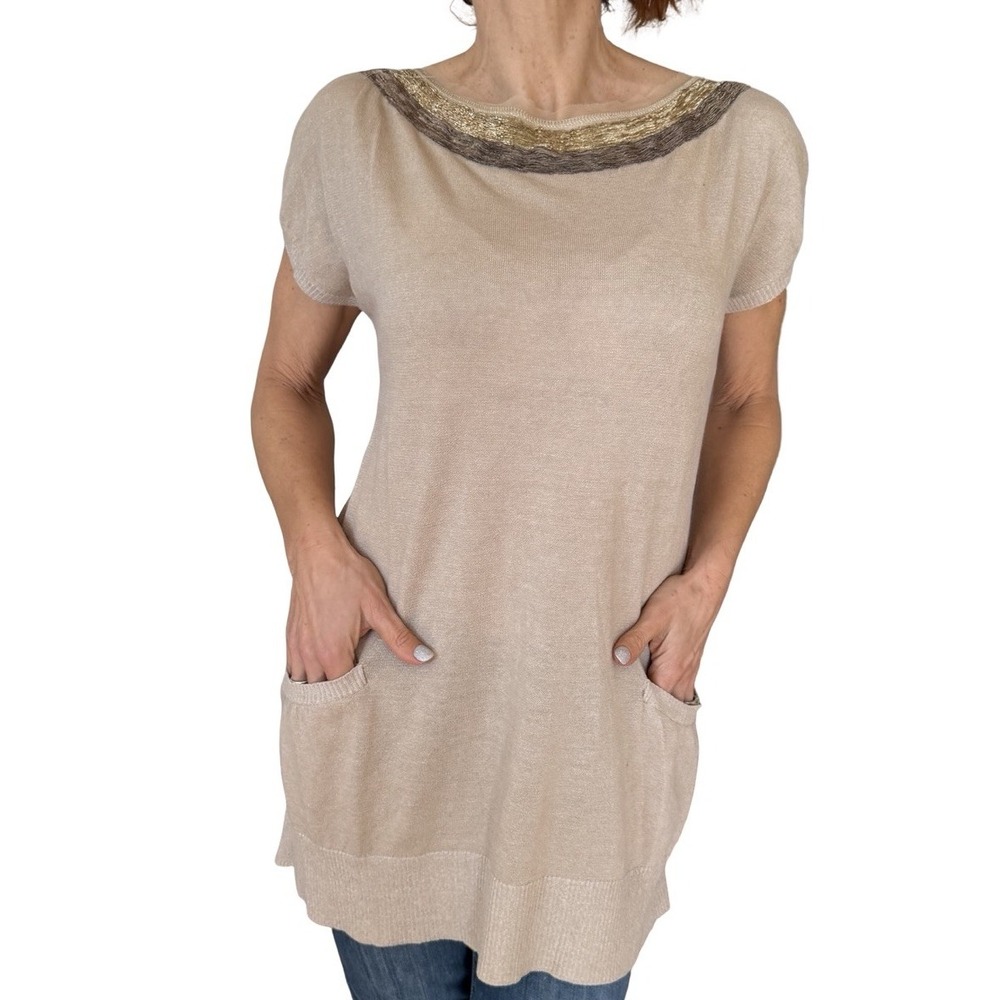 Womens Iceberg Vintage Tunic Sweater Beige Linen Beaded Boat Neck Cap Sleeve S